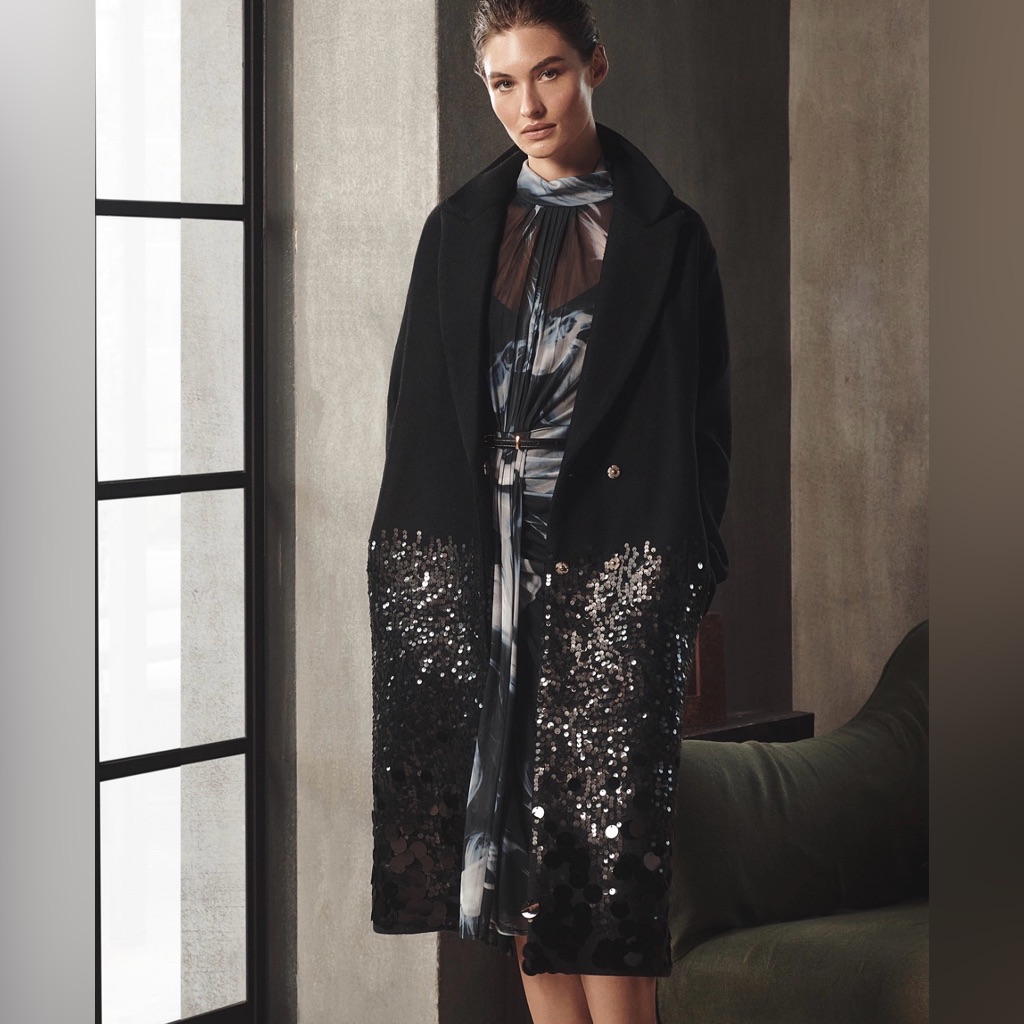 Donna Karan Women's Snap Closure Sequin Embellished Coat. M. Black. Retail $435